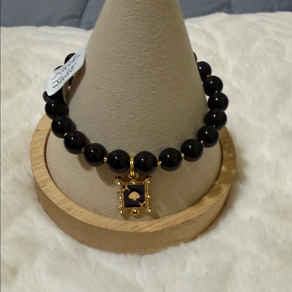 Black Jade Beaded 8mm Bracelet with Gold Tone Charm